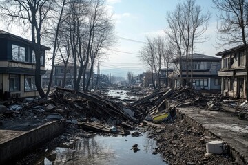 Fototapeta premium Aftermath of Destruction in a Residential Area with Debris-Laden Streets and Overcast Sky