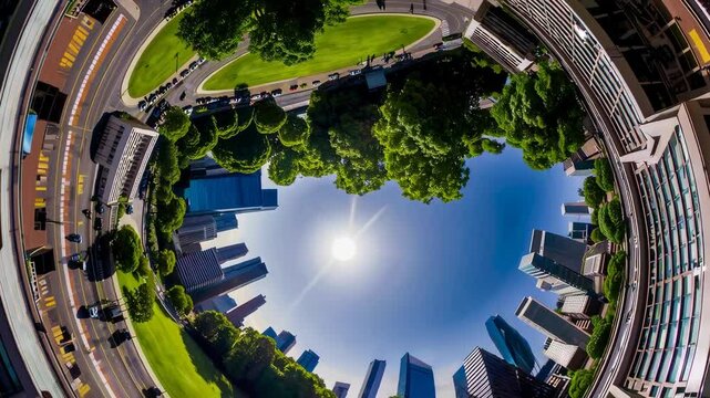 green Airport city park on a sunny summer morning, panoramic view from high-angle perspective reveals a bustling metropolis surrounded by lush greener