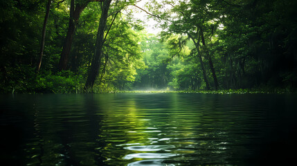 Obraz premium A serene swamp scene featuring dark waters, lush green trees, and soft light filtering through the foliage. Duskfall. Illustration