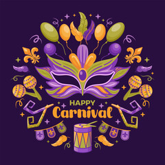 Happy carnival. Holiday illustration. Carnival masks. Garlands of flags. Musical instruments, balloons. Vector illustration For Poster, Flyer, Postcard, T-shirts, design element. square banner