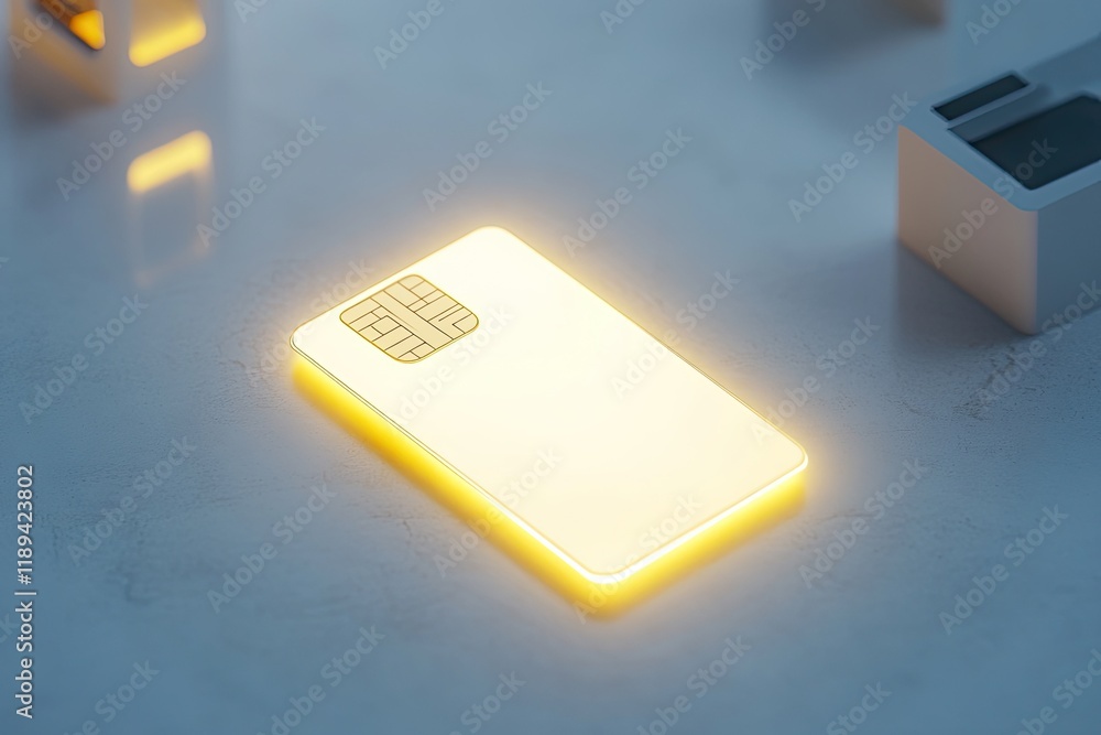 Poster conceptual photo of credit card glowing softly placed on clean solid background with minimalistic gr