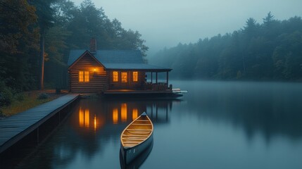 Fototapeta premium Cozy wooden cabin by tranquil lake surrounded by lush forest in early morning light