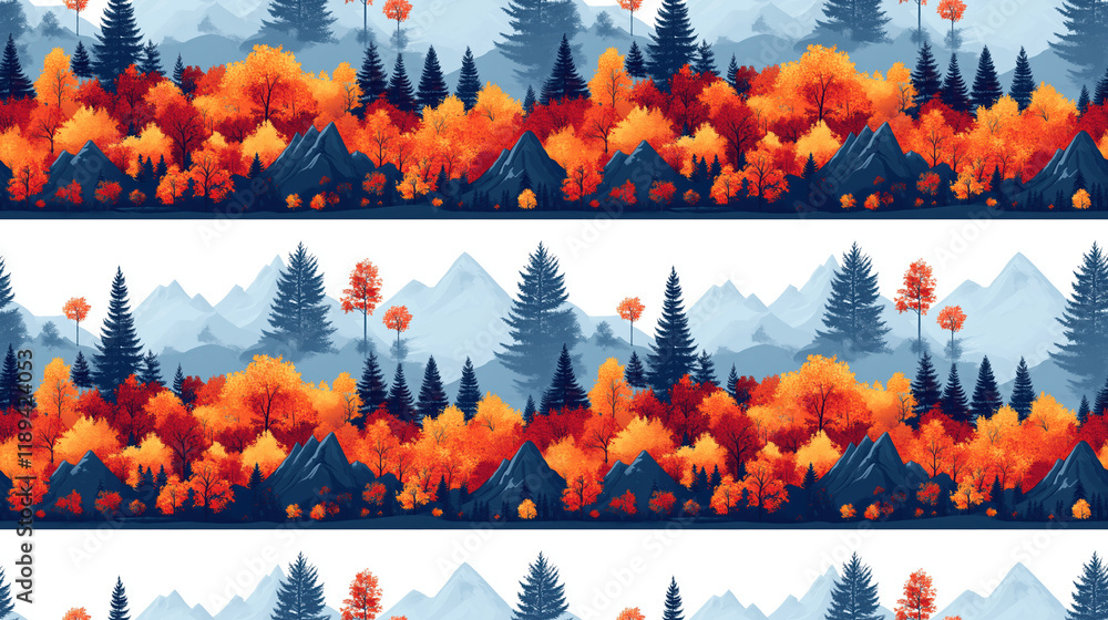 Poster seamless pattern displaying a mesmerizing view of autumn trees amidst mountains, ideal for creative 