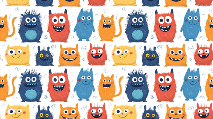 Obraz premium Seamless pattern of colorful playful monsters, creating a fun and lively design, suitable for lighthearted children's projects and imaginative storytelling themes.