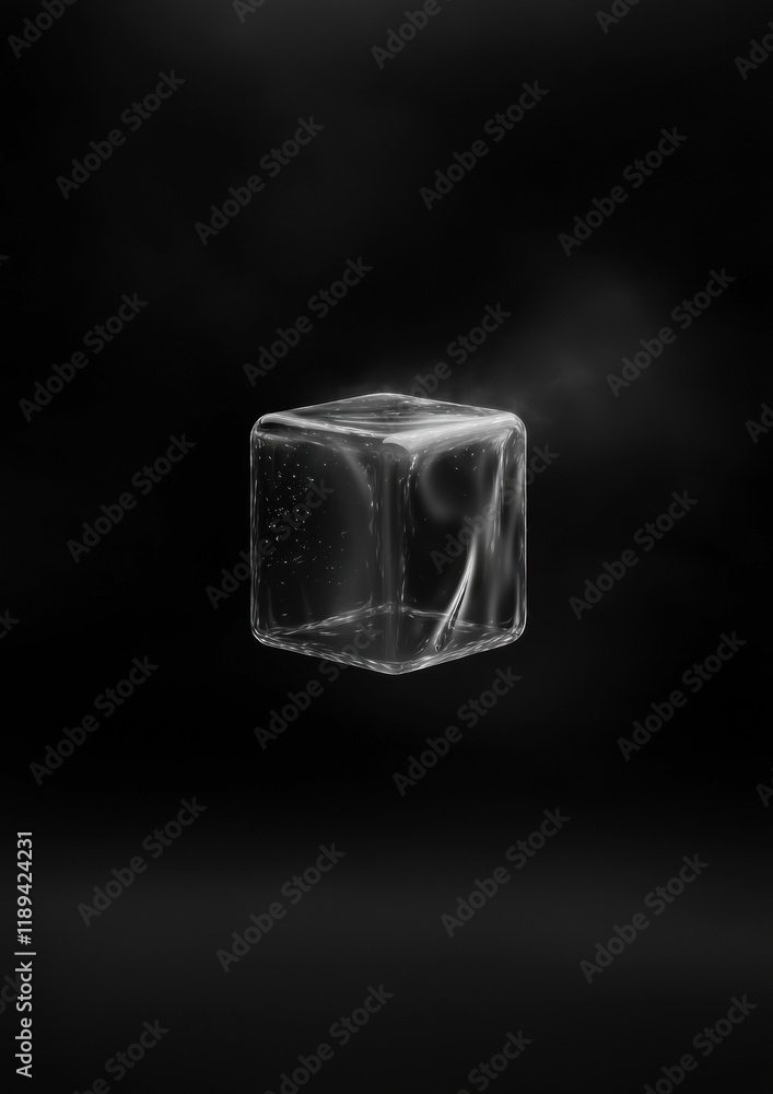 Poster black and white photograph of a cube. the cube is in the center of the image and is the only object 