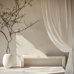 Minimalist Sunlit Interior with Neutral Wooden Bench, Ceramic Vase, and Flowing Sheer Curtains in an Archway for a Serene and Elegant Aesthetic
