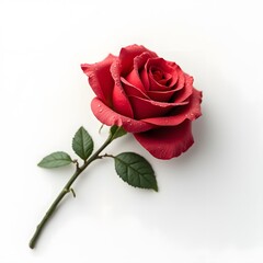 Fototapeta premium A single 3D red rose with dewdrops on petals, lying diagonally on a white background