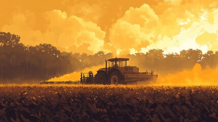 Fototapeta premium A tractor working in a golden-hued field at sunset, illustrating agricultural activity.