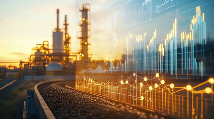Biofuel Refinery Processing Raw Materials into Renewable Fuel with Energy Market Graphs Reflecting Economic Impact and Pricing Trends