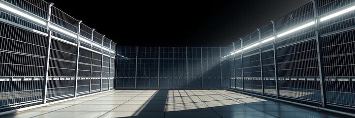 Futuristic empty industrial space with metal grids and dramatic shadows for creative projects