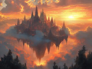 Floating city in clouds at sunset. Gothic architecture castle in air. Fantastic landscape. Mysterious, beautiful scenery. Imaginary medieval city. Dramatic sunset colours. Detailed illustration with