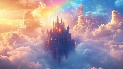 Enchanting floating castle in a colorful, dreamy sky with clouds and a rainbow.