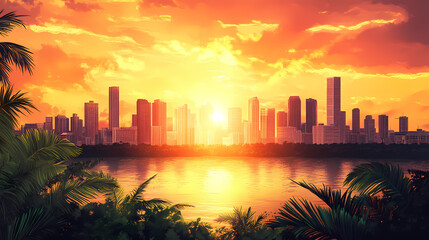 A vibrant sunset over a city skyline, highlighting buildings and lush greenery below. Duskfall. Illustration
