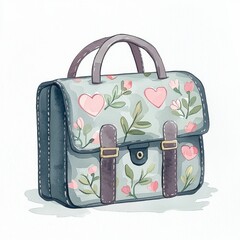 Charming watercolor bag design featuring floral hearts art studio illustration cozy workspace creative concept, isolated on white background