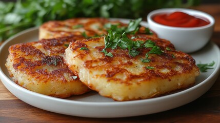 Crispy potato cakes served with fresh herbs and dipping sauce on a wooden table