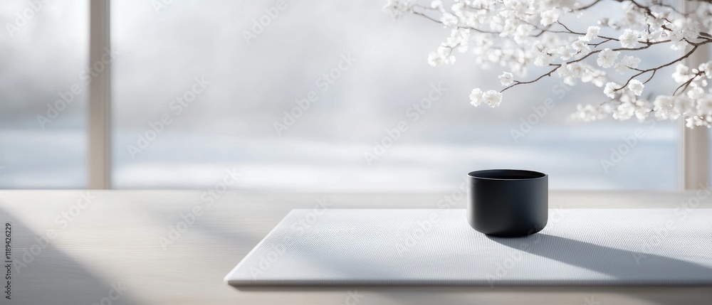 Poster black vase sitting on a white table in front of a large window. the vase is empty and appears to be 