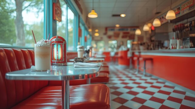 Retro diner interior with red and white decor featuring milkshakes and cozy seating