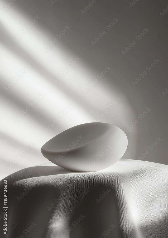 Poster black and white photograph of a single white oval-shaped object on a white surface. the object appea