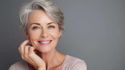 Close up photo of an older woman with beautiful skin, smiling happily. Straight face photo.
