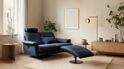 Relaxing Navy Leather Recliner Sofa with Ottoman: Modern Minimalist Living Room Design