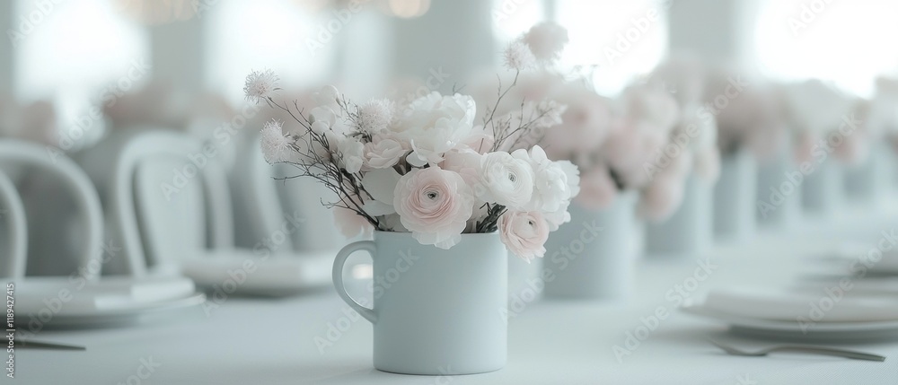 Poster long table set up for a formal event. the table is covered with a white tablecloth and has white pla