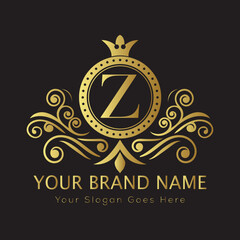 Letter Luxury brand logo design with a royal gold crown emblem and elegant typography
