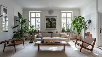 Fototapeta premium Serene Mid-Century Modern Living Room with Lush Greenery