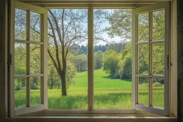 Fototapeta premium Serene Scene Through a Closed Window: A Lush Green Meadow Under Sunny Blue Skies