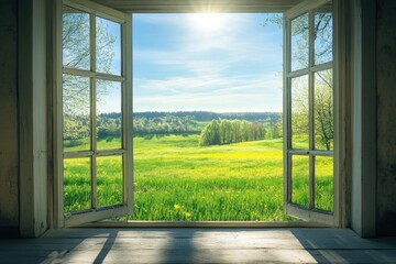 Serene Vista Through a Closed Window: A Lush Green Meadow Bathed in Spring Sunshine