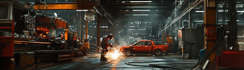 Fototapeta premium Industrial worker welding in a factory
