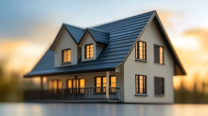 Charming model house with detailed architecture during sunset in a serene outdoor setting