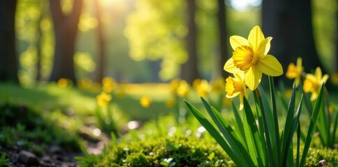 Obraz premium Wild daffodils blooming in a sunny forest clearing, nature, daffodil