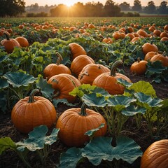 Obraz premium A picturesque pumpkin patch with oversized pumpkins glowing in the morning light, surrounded by dew-kissed leaves.