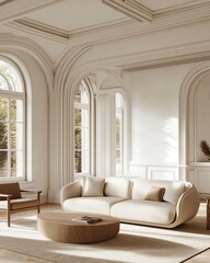 Elegant Beige Sofa in Sunlit Classic Room Interior