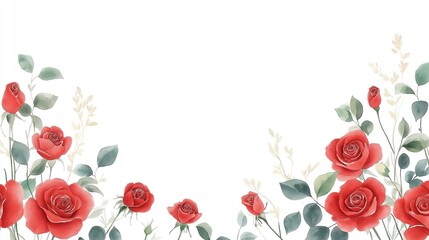 Charming red rose border design features detailed petals, rich green leaves. Romantic floral illustration perfect for greeting cards, invitations, decorative projects. Elegant, beautiful rose