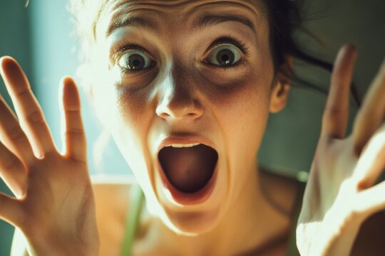 A woman creating a funny expression using her hands as props, suitable for use in humorous articles, social media posts or entertainment purposes