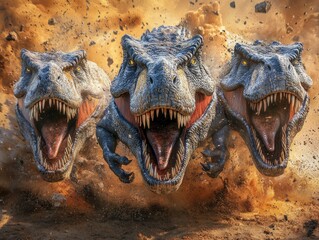 Naklejka premium Three Roaring Dinosaurs Charging Through a Dusty Landscape in a Dramatic Scene