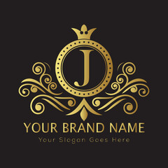Letter Luxury brand logo design with a royal gold crown emblem and elegant typography
