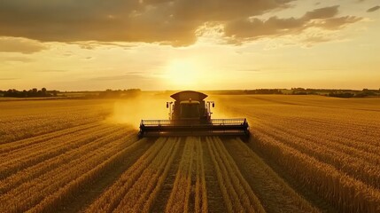 Fototapeta premium A combine harvester working in a golden wheat field at sunset.
