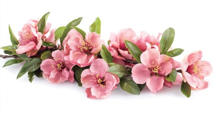 Delicate Peach Blossoms in Full Bloom on a Branch Against a Clean White Backdrop