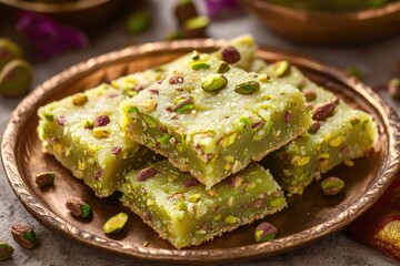 Plate of green food with nuts on it. The plate is on a table. The food looks delicious and healthy
