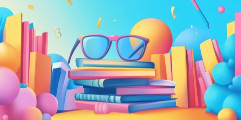Colorful book stack with a pair of glasses on top. The glasses are pink and the books are of different colors. Concept of creativity and imagination, as well as the importance of reading