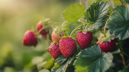 close up of fresh ripe strawberries growing on a plant