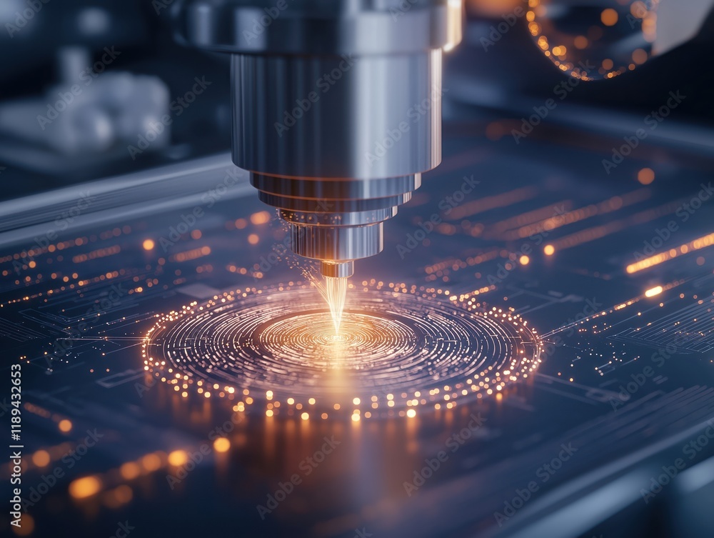 Poster futuristic tech manufacturing process. advanced robotic arm precisely works on circuit board. high t