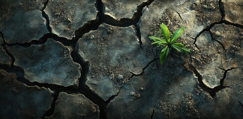 Cracked earth is depicted in detail, with a solitary green plant emerging from the fissures. This...