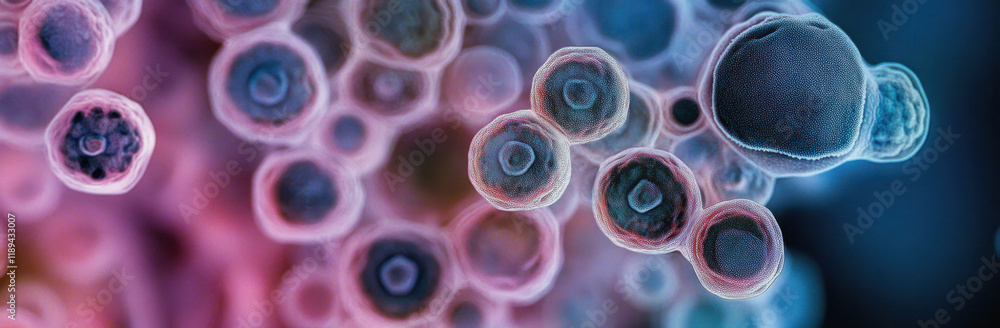 Poster this close-up visual reveals various microscopic cells and molecules, displaying intricate details o