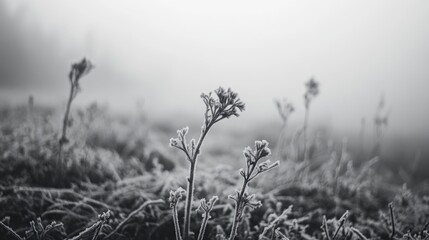 Field of frosted grass with a single flower in the foreground. The image has a moody and serene atmosphere, with the frosted grass and the lone flower creating a sense of solitude and tranquility
