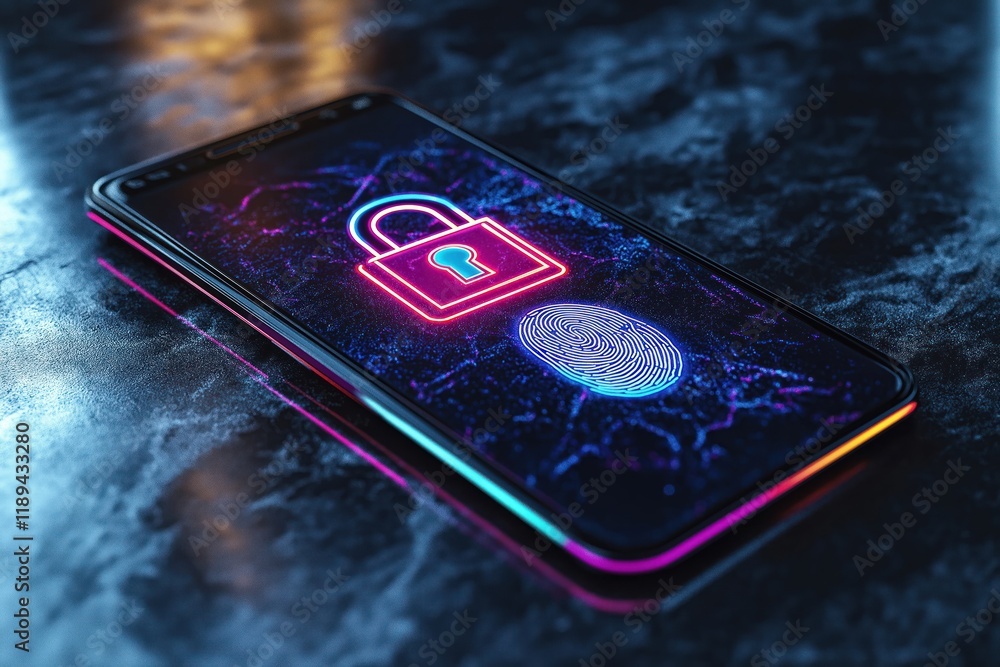 Poster mobile phone security concept. fingerprint scan, padlock symbol on smartphone screen. futuristic tec