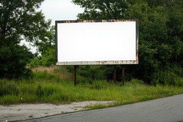 creative outdoor shot of blank billboard on roadside surrounded by natural elements like trees and grass