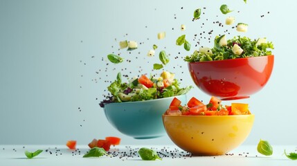 Minimalist salad delivery ad with colorful bowls on white background
